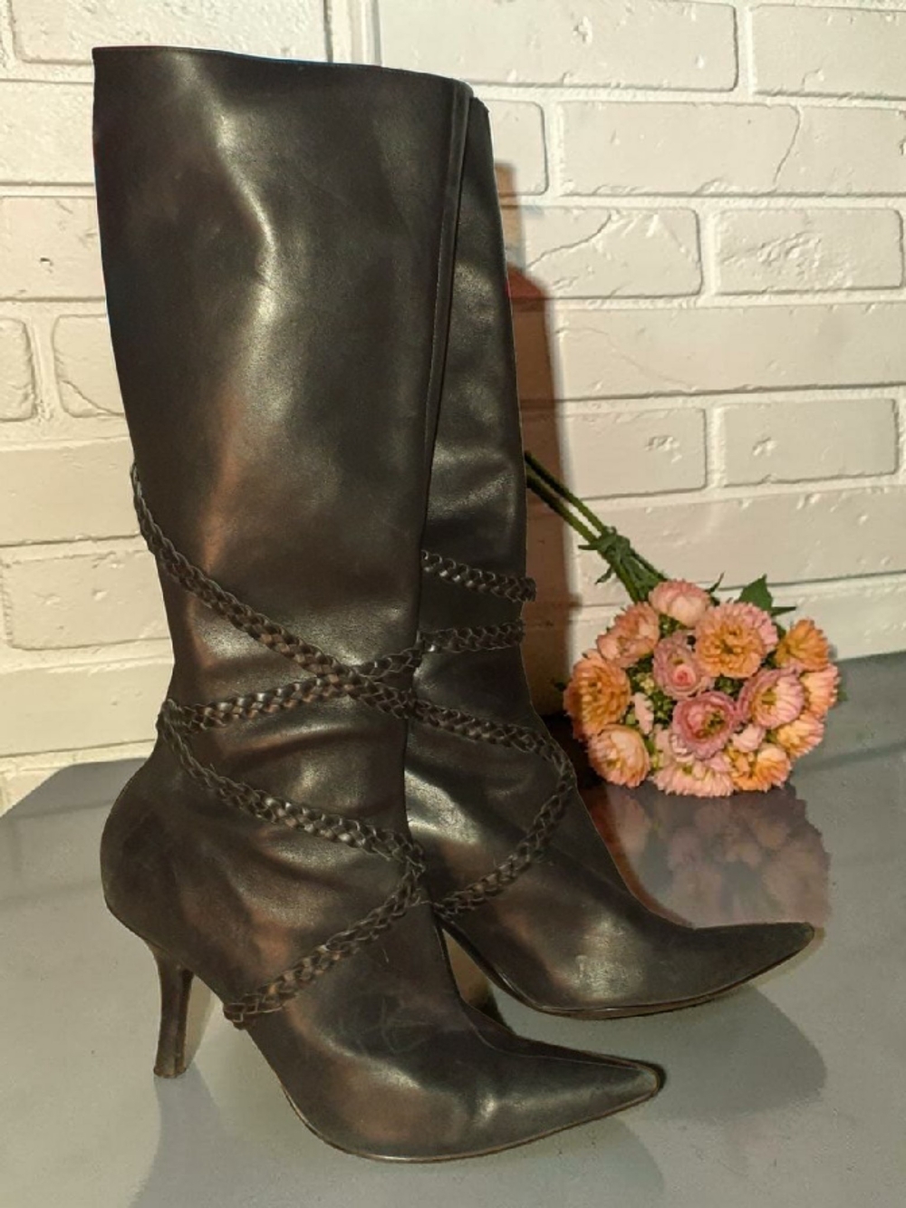 Marc Fisher Vintage Leather Stiletto Boots Braided Straps Office Siren Y2K (11)